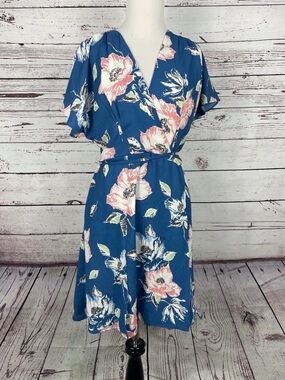 French Connection Blue Floral Wrap Dress Flutter Sleeve Belted Size 10